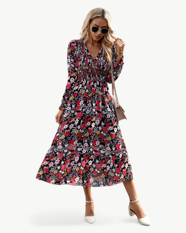 Elizza™ | Robe Midi Fleurie Romantique à Manches Longues