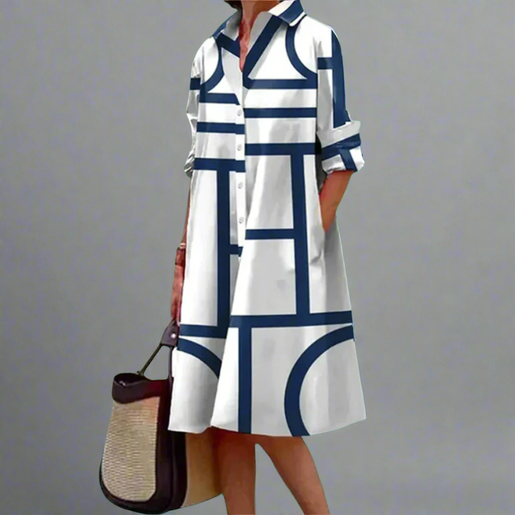 Cosima - Robe Chemise à Rayures Géométriques Bleues