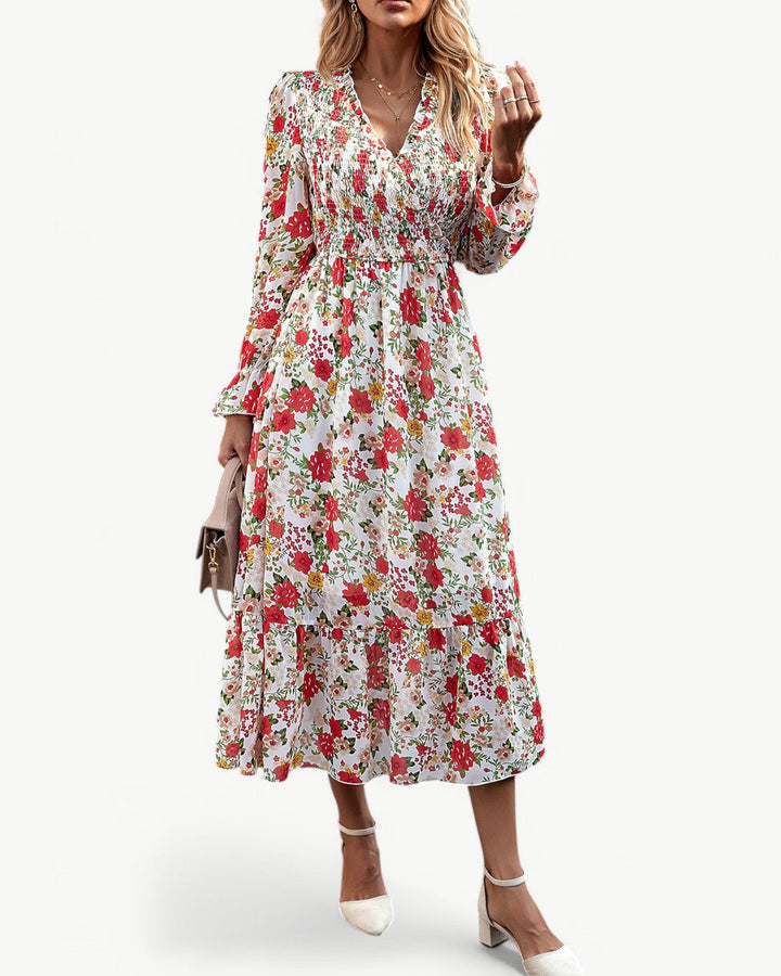 Elizza™ | Robe Midi Fleurie Romantique à Manches Longues