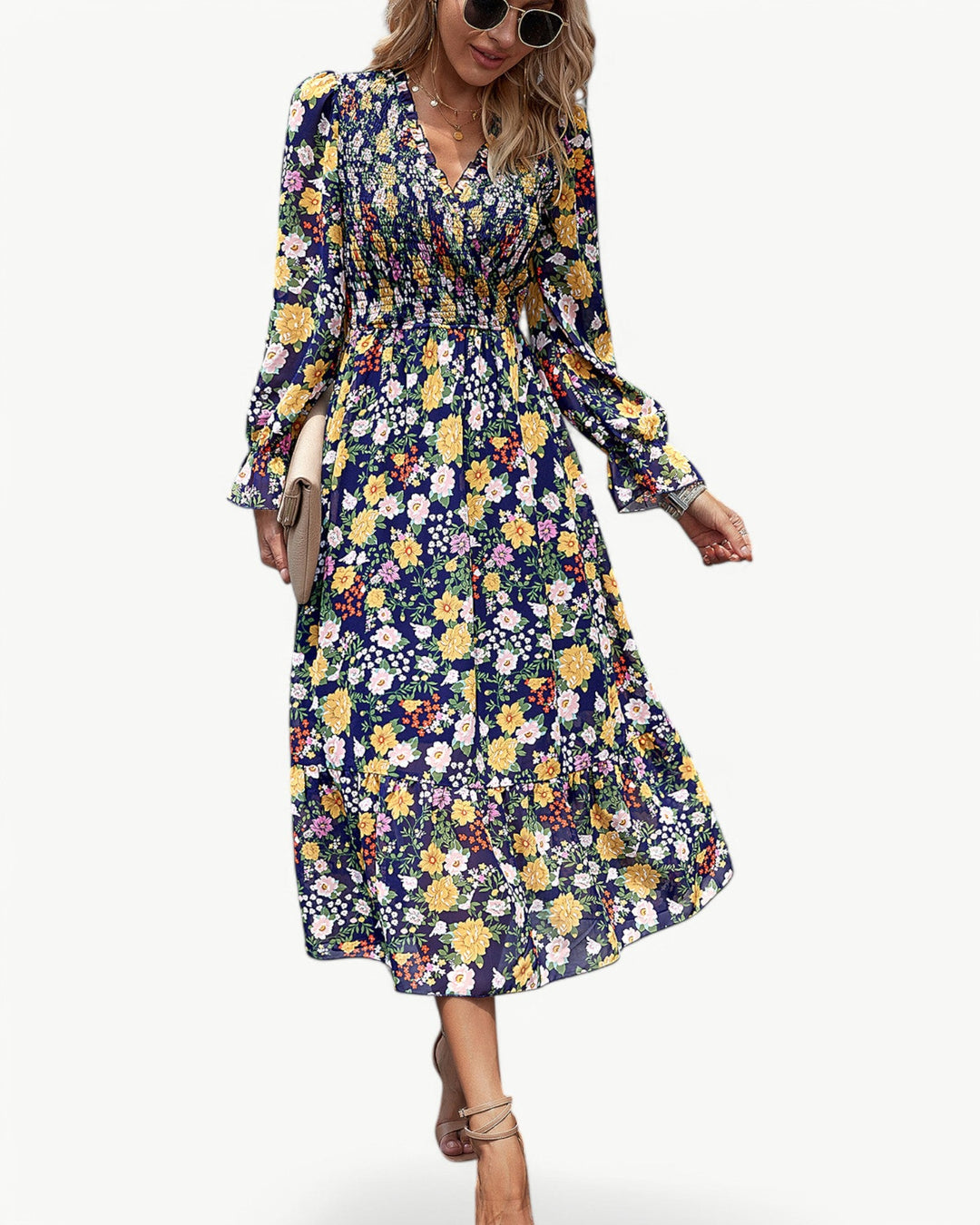 Elizza™ | Robe Midi Fleurie Romantique à Manches Longues