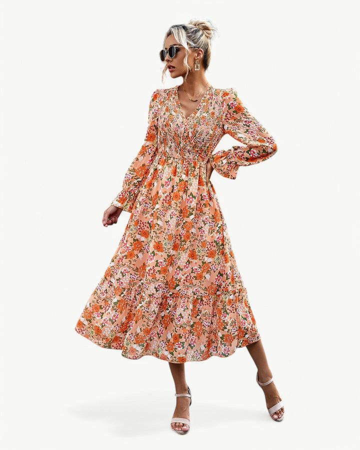 Elizza™ | Robe Midi Fleurie Romantique à Manches Longues