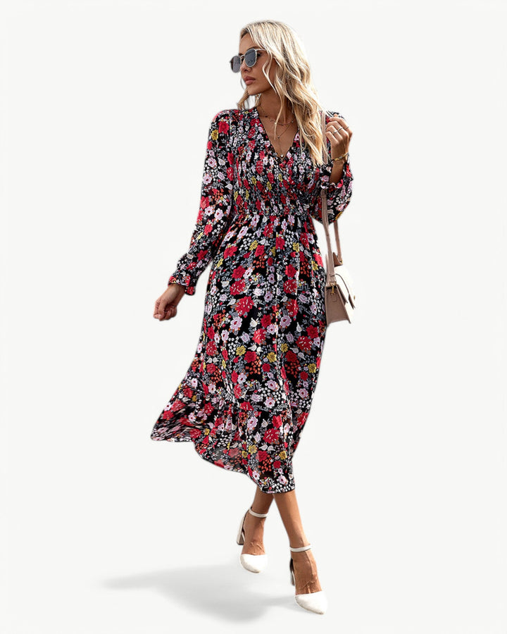 Elizza™ | Robe Midi Fleurie Romantique à Manches Longues