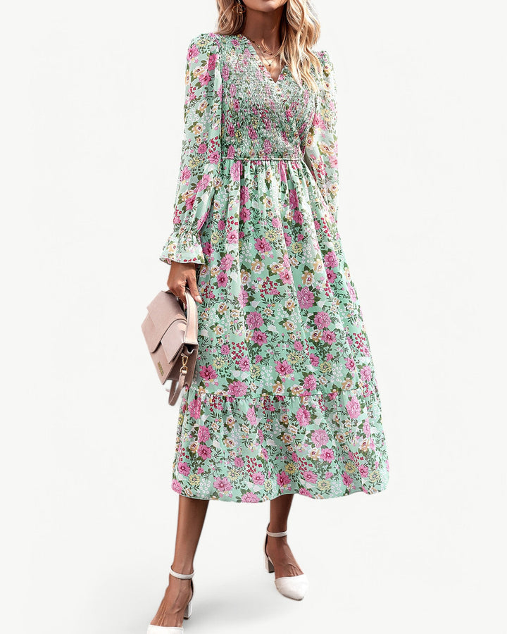 Elizza™ | Robe Midi Fleurie Romantique à Manches Longues