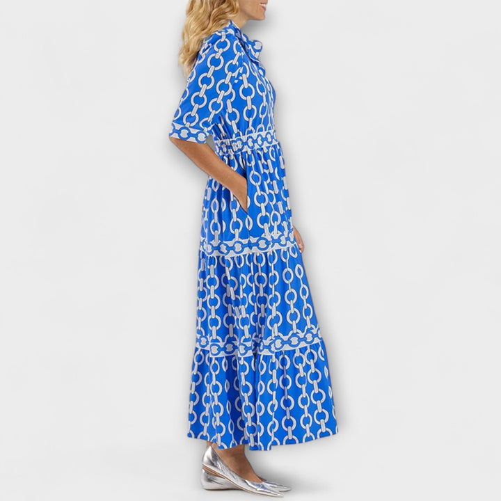 Harriet™ | Robe Midi Élégante avec Motif Chaîne et Jupe Évasée