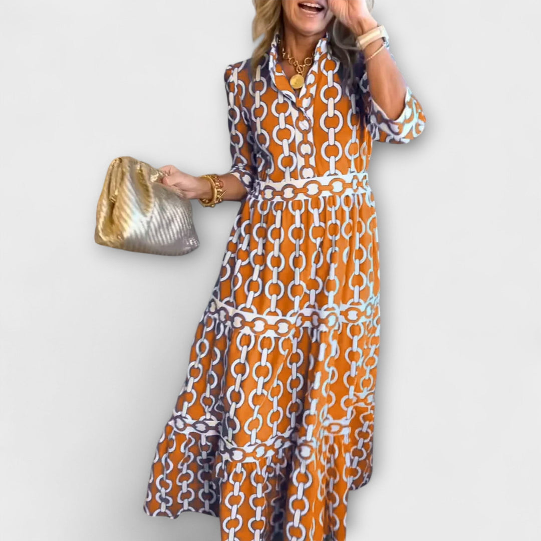 Harriet™ | Robe Midi Élégante avec Motif Chaîne et Jupe Évasée
