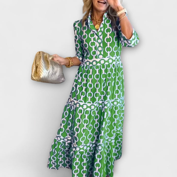 Harriet™ | Robe Midi Élégante avec Motif Chaîne et Jupe Évasée