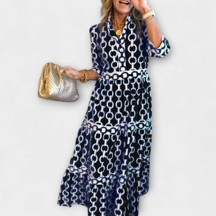 Harriet™ | Robe Midi Élégante avec Motif Chaîne et Jupe Évasée