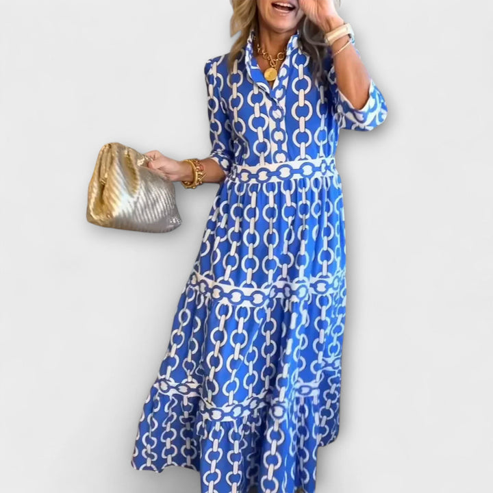 Harriet™ | Robe Midi Élégante avec Motif Chaîne et Jupe Évasée