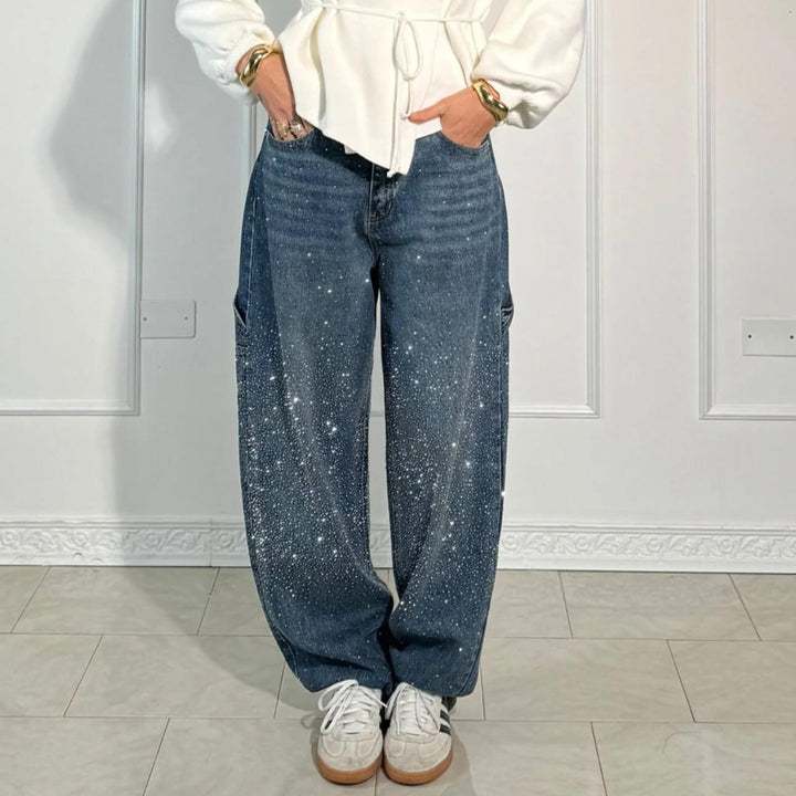 Emira™ | Jean Décontracté Éclatant avec Strass Brillants