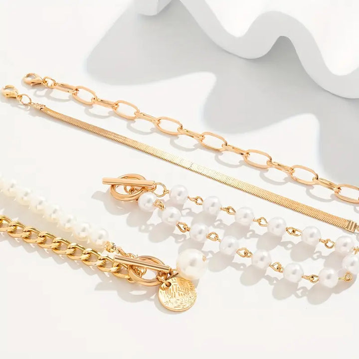 Ensemble de bracelets chic en or 4 pièces – Serpent, perles et maillons