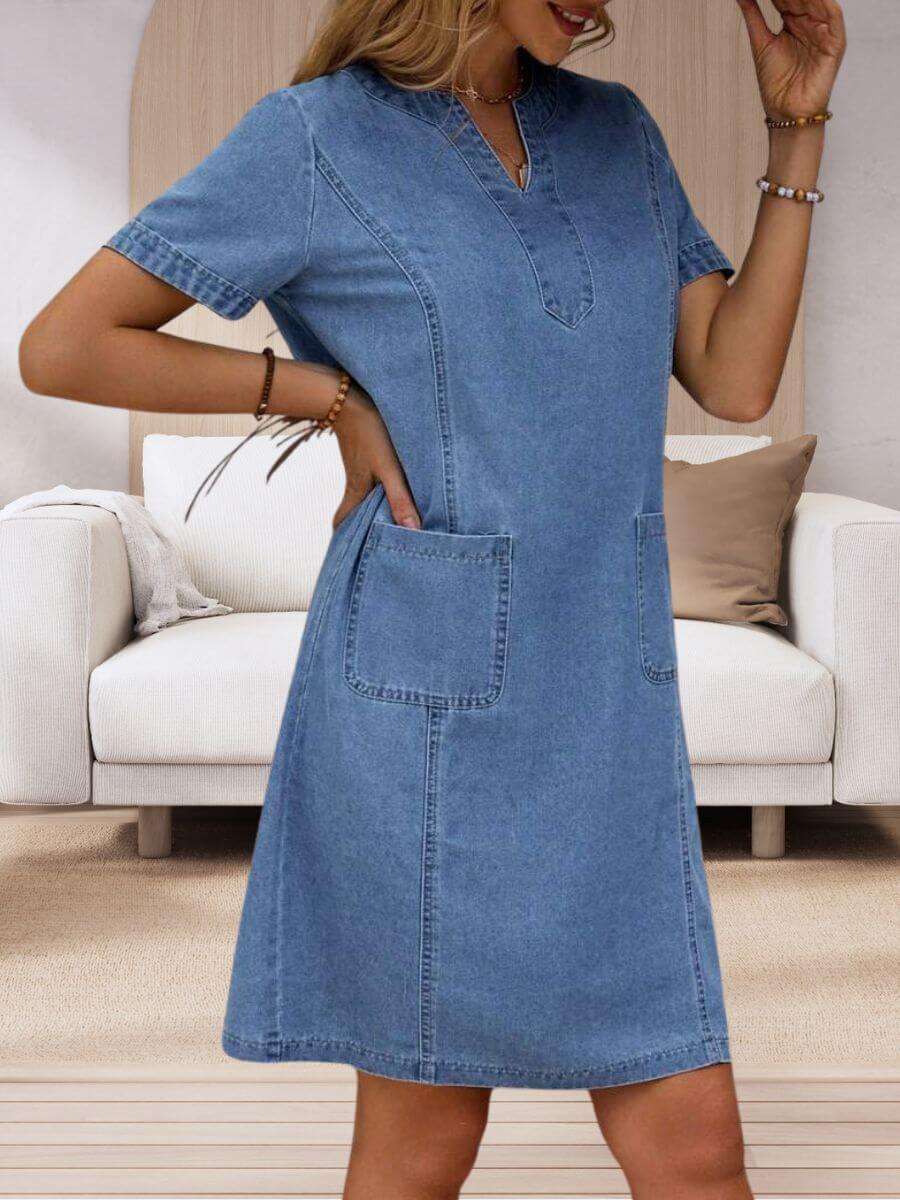 Zaima™ | Robe en Jean à Col V d'Été avec Poches