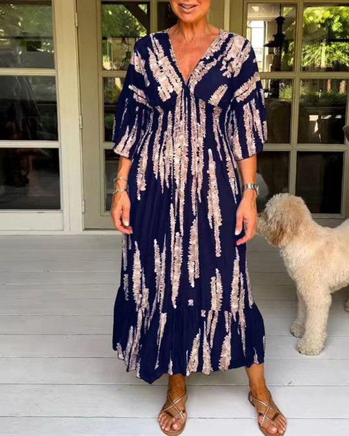 Elodie™ | Robe Mi-Longue Imprimée à Col V Élégante et Polyvalente