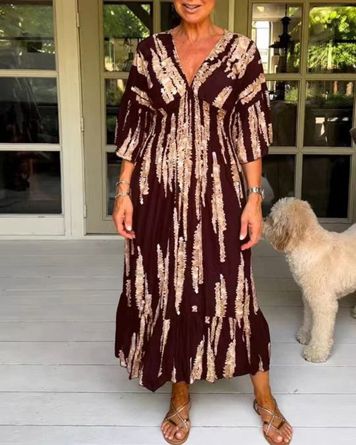 Elodie™ | Robe Mi-Longue Imprimée à Col V Élégante et Polyvalente