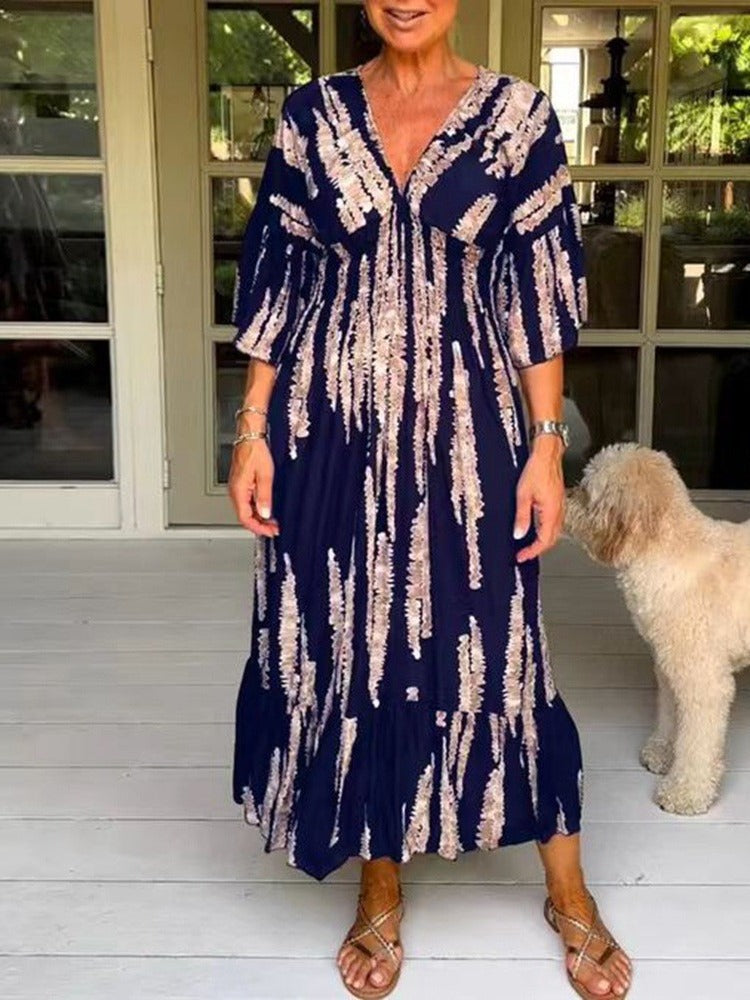 Elodie™ | Robe Mi-Longue Imprimée à Col V Élégante et Polyvalente