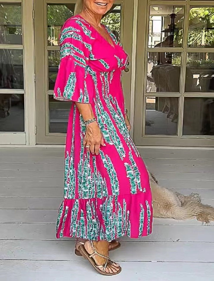 Elodie™ | Robe Mi-Longue Imprimée à Col V Élégante et Polyvalente