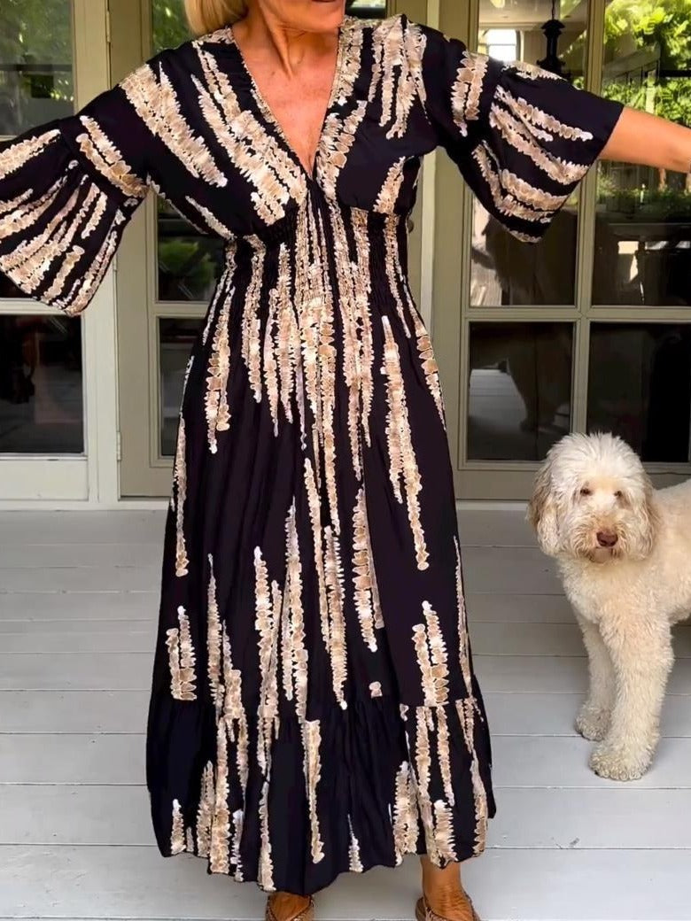 Elodie™ | Robe Mi-Longue Imprimée à Col V Élégante et Polyvalente