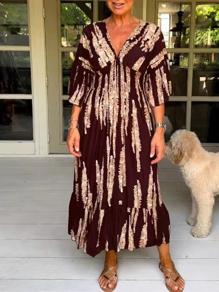 Elodie™ | Robe Mi-Longue Imprimée à Col V Élégante et Polyvalente