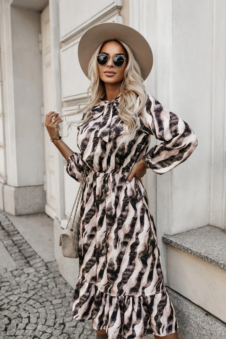 Clémence™ | Robe Longue à Motif Zèbre avec Nœud à la Taille