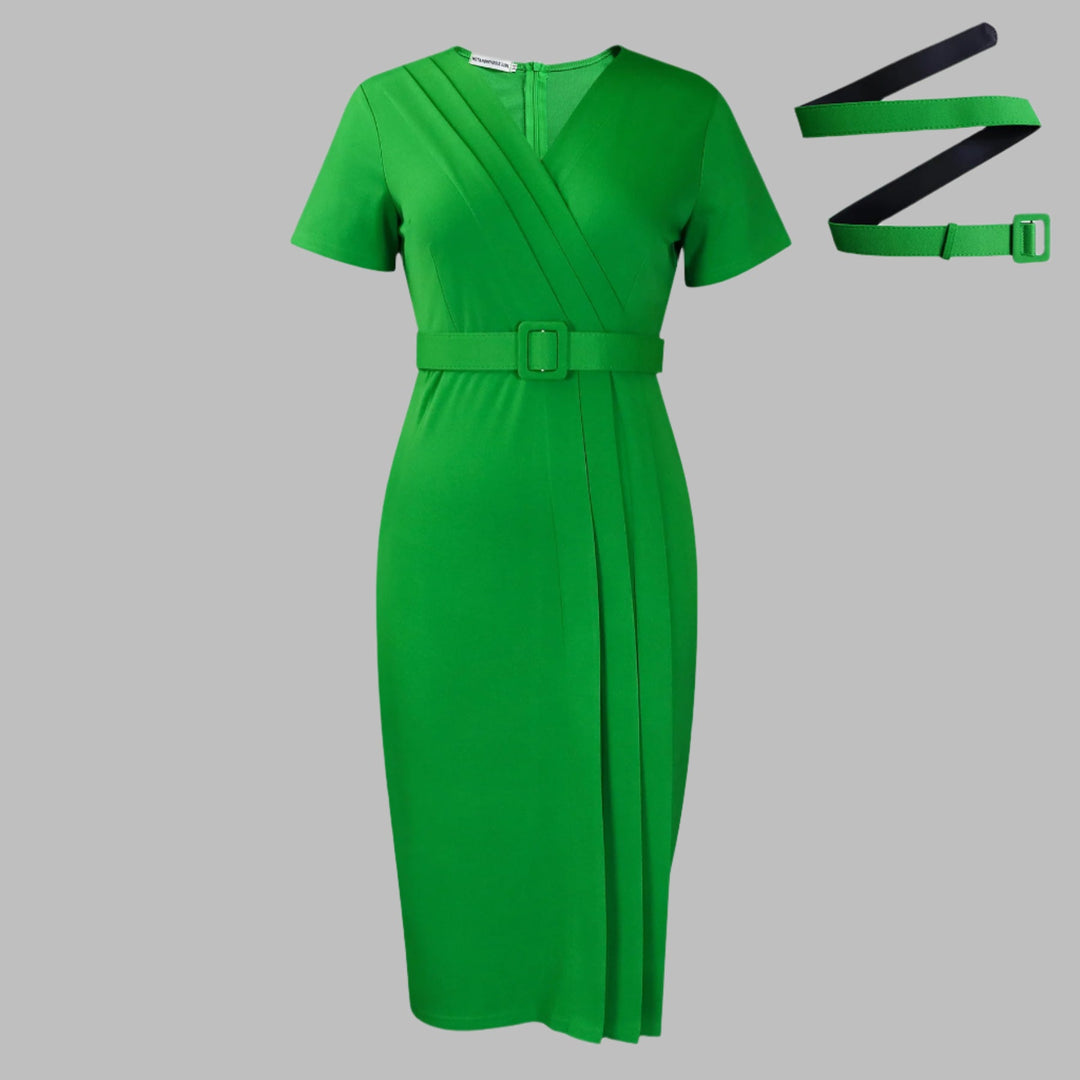 Naomi™ | Robe Crayon à Col V et Taille Cintrée Élégante
