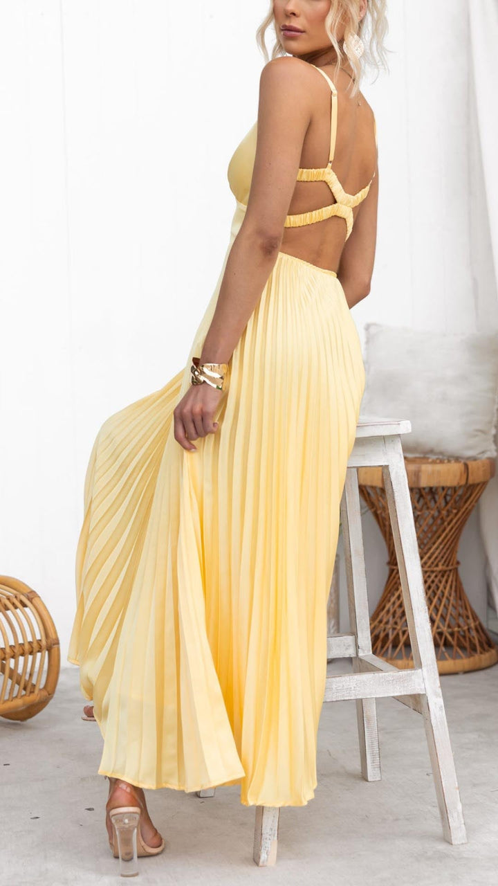 Elaraa™ | Élégante Robe Maxi Plissée Jaune avec Décolleté en V