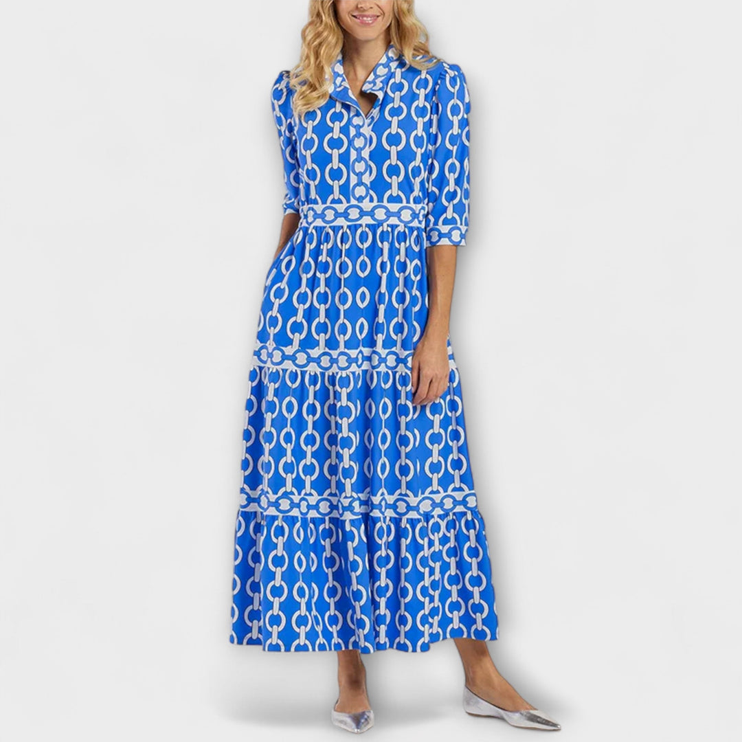 Harriet™ | Robe Midi Élégante avec Motif Chaîne et Jupe Évasée