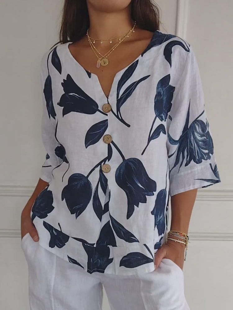 Liva™ | Élégante Blouse Florale à Boutons