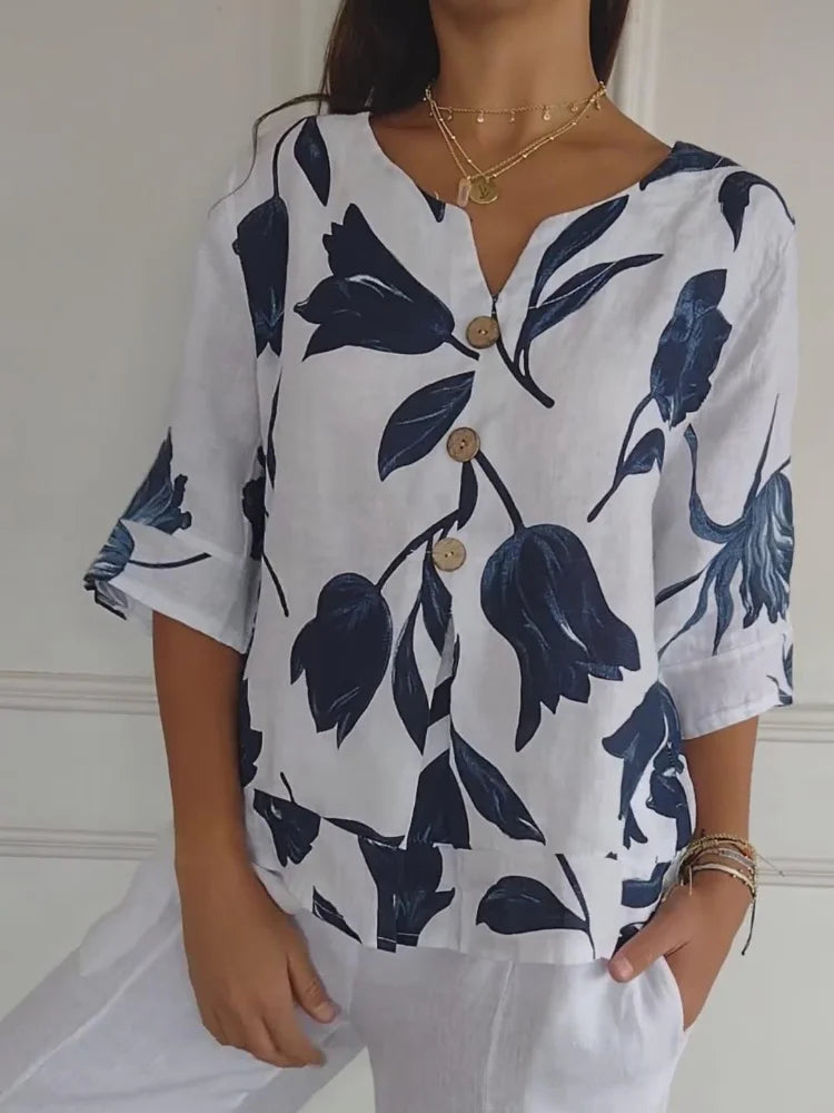 Liva™ | Élégante Blouse Florale à Boutons