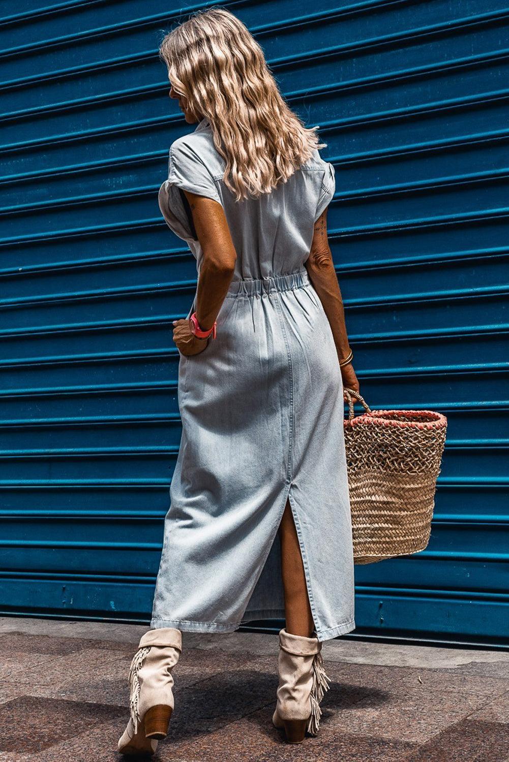 Sofia® | Robe en Jean Élégante avec Manches Courtes en Chauve-Souris