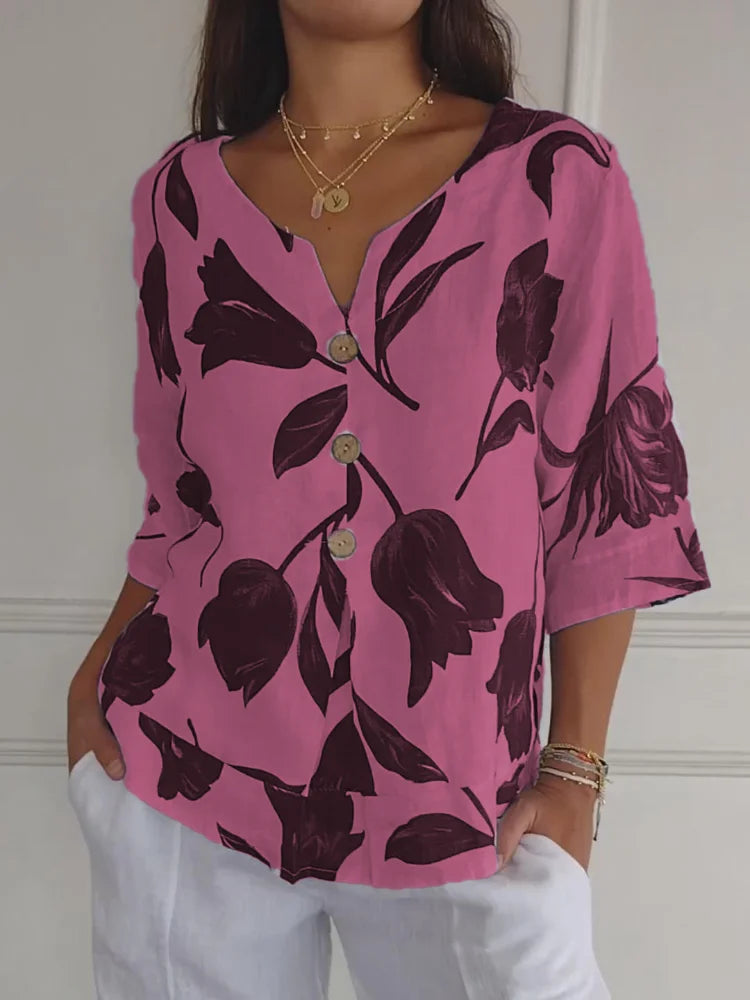 Liva™ | Élégante Blouse Florale à Boutons