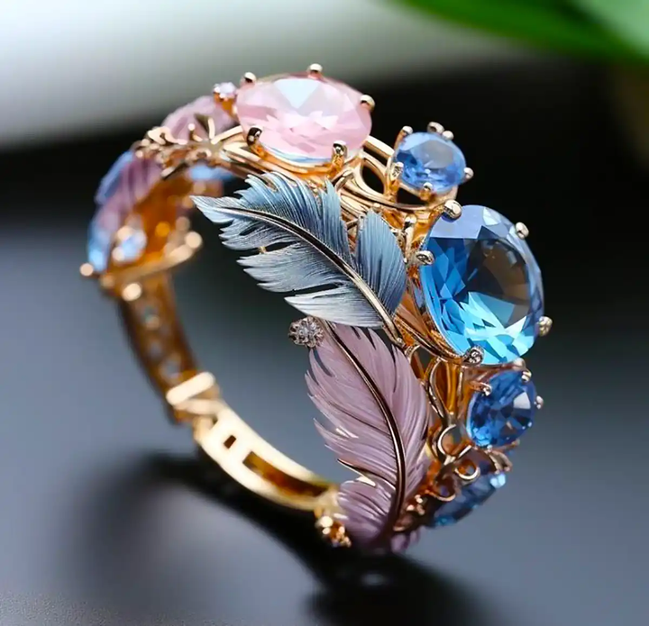 Bague en Cristal de Plume Exotique Vintage